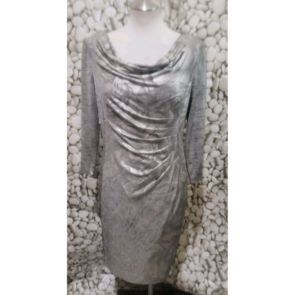 Tahari Arthur Levine Dress Size 6 Gold Silver Metallic Stretch Lined Zip Holiday